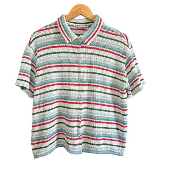 ZARA | White Cotton Blend Striped Collared Short Sleeve Cardigan Sweater | Small - Picture 1 of 7